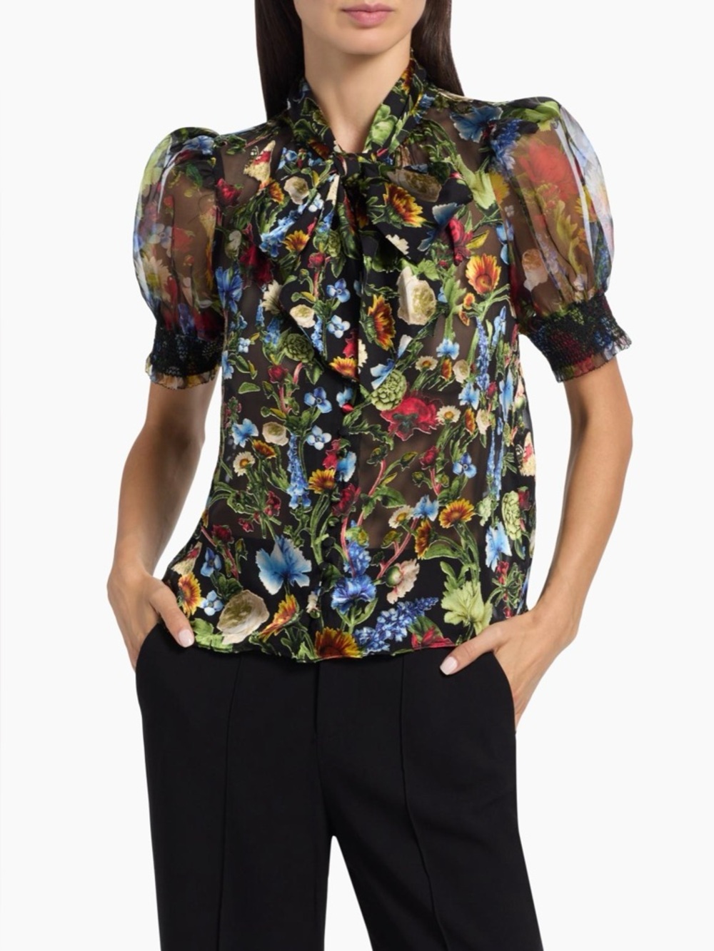 Alice + Olivia Black Bentley Floral Tie-Neck Blouse Social Hour Black